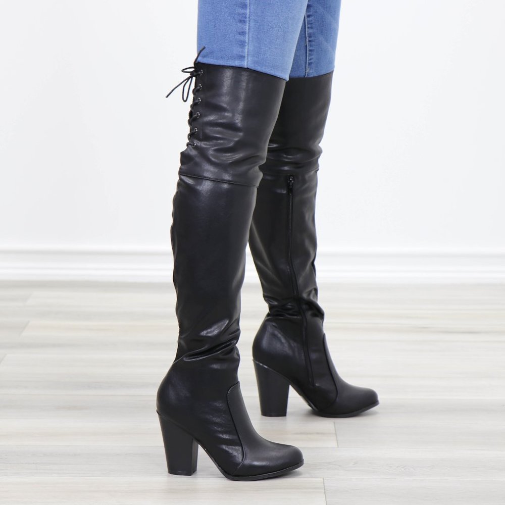 Restock Faux Leather Thigh High Boots Lace Up Back - Picture 7 of 16
